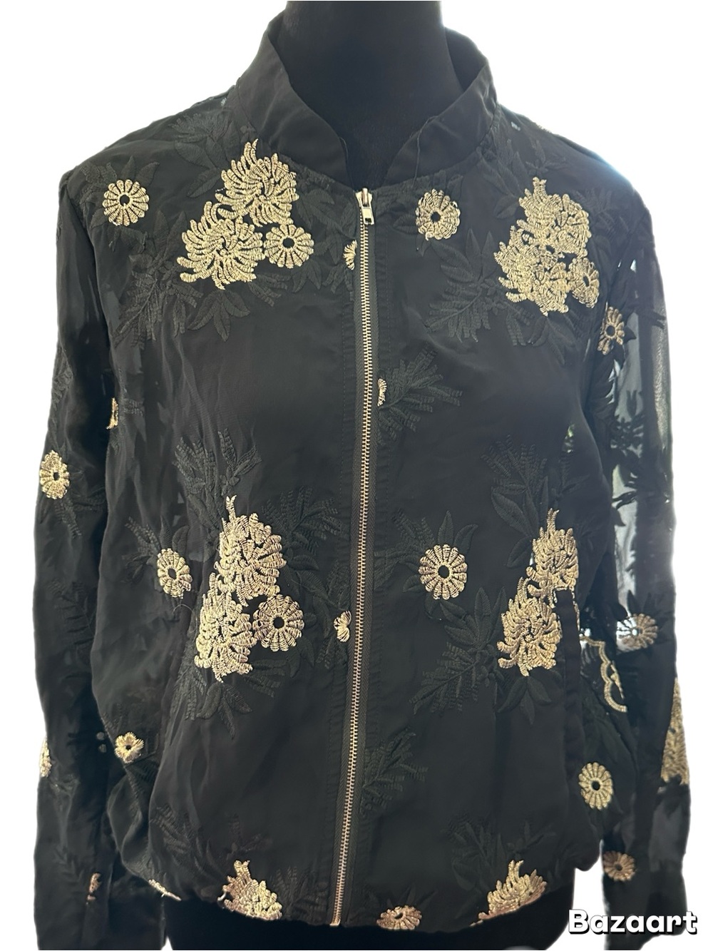 Sans Souci Black Bomber Jacket with Gold Floral Embroidery
